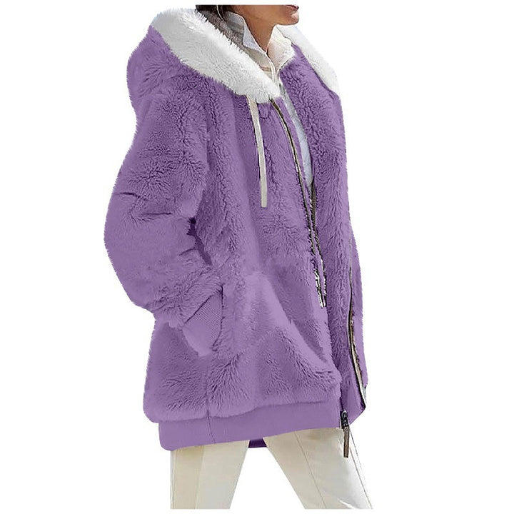 Ladies Cozy Teddy Hoodie Jacket with Contrast Trim, Zipper and Insert Pockets Mune Fashion