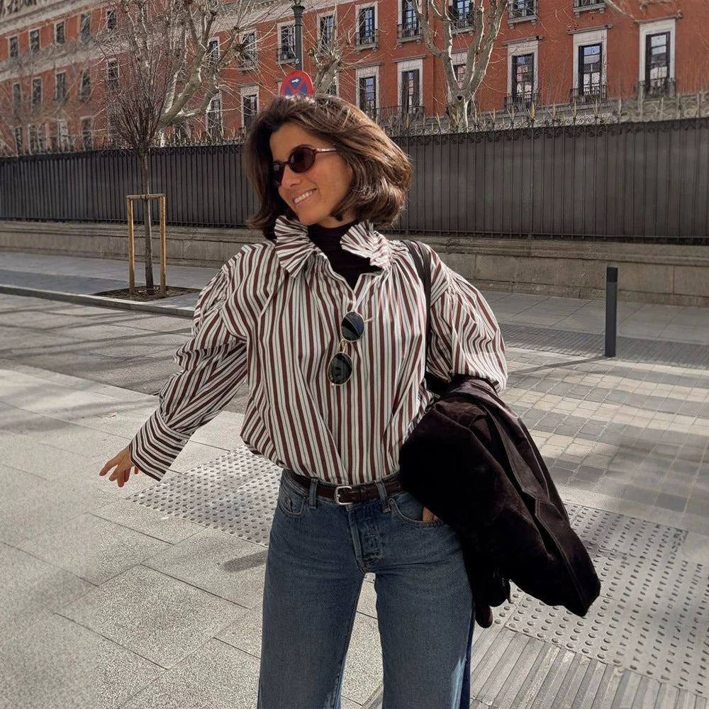 Women Striped Oversized Blouse with Ruffled Collar & Voluminous Puff Sleeves Mune Fashion
