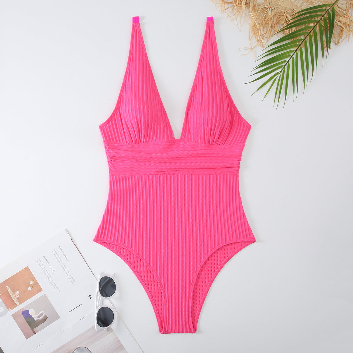 Women's one-piece swimsuit with deep V-neck and textured ribbed look Mune Fashion