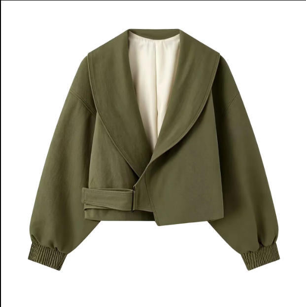 Women's 40+ Cropped Wrap Blouse with Oversized Balloon Sleeves and Asymmetrical Buckle Closure Mune Fashion