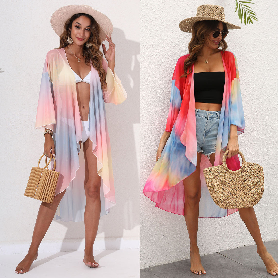 Ladies elegant beach kimono with colorful tie-dye design Mune Fashion