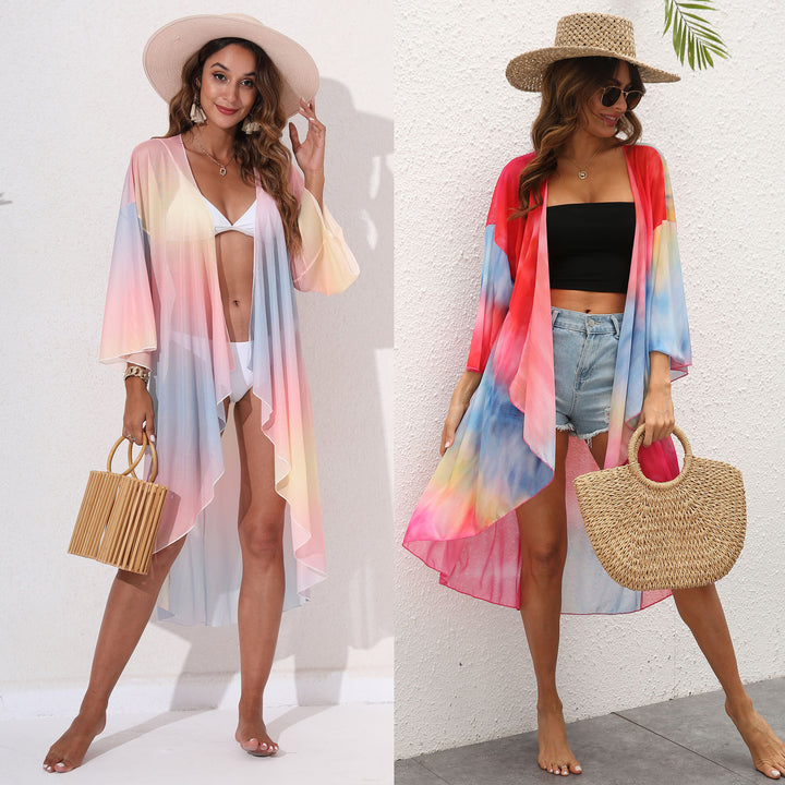 Ladies elegant beach kimono with colorful tie-dye design Mune Fashion