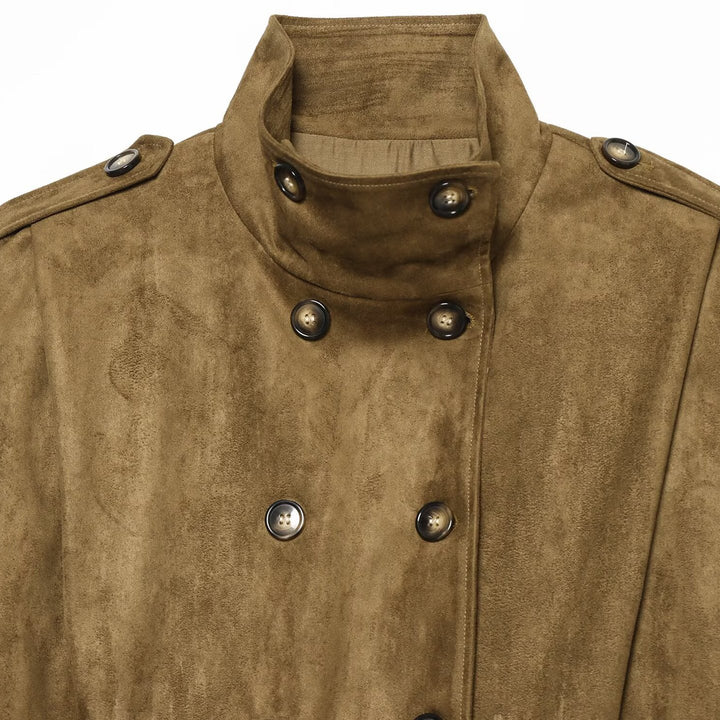 Women's Short Cut Double-Breasted Suede Look Jacket with Stand Collar and Epaulettes Mune Fashion