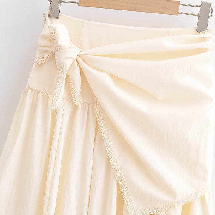 Women Midiskirt with Wrap Overlay, High Waist and Lace Trim Mune Fashion