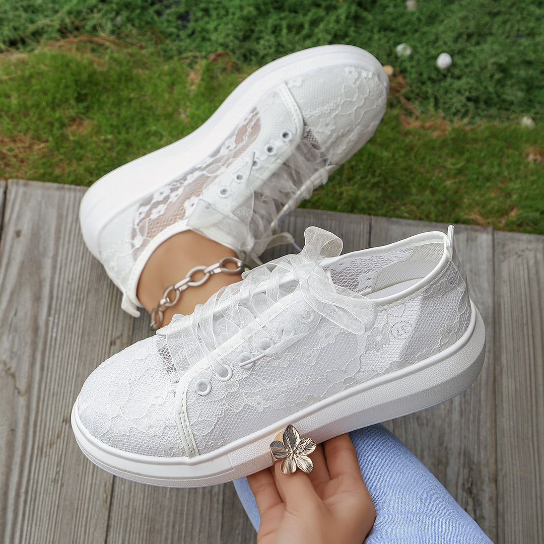 Women’s Platform Sneaker with Lace Overlay and Transparent Organza Straps Mune Fashion