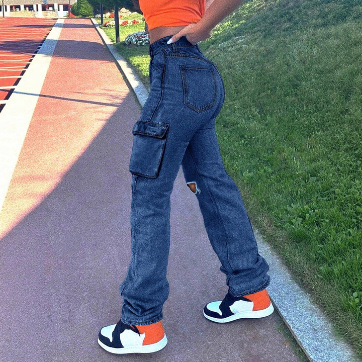 Ladies High-Waist Cargo Jeans with straight leg, knee rips and side flap pocket Mune Fashion
