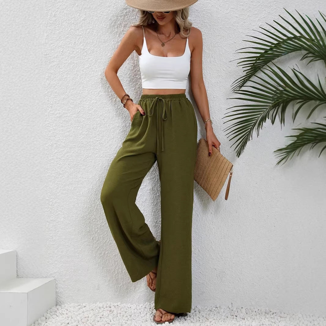 Ladies lightweight, loose-fitting beach pants with elastic waistband, drawstring and side pockets Mune Fashion