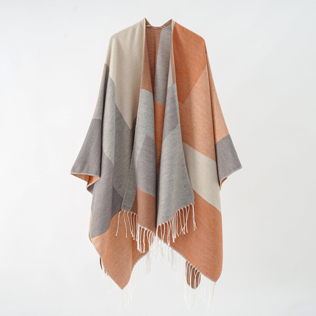 Women's Large Wool Look Poncho with Geometric Block Pattern and Fringe Hem Mune Fashion