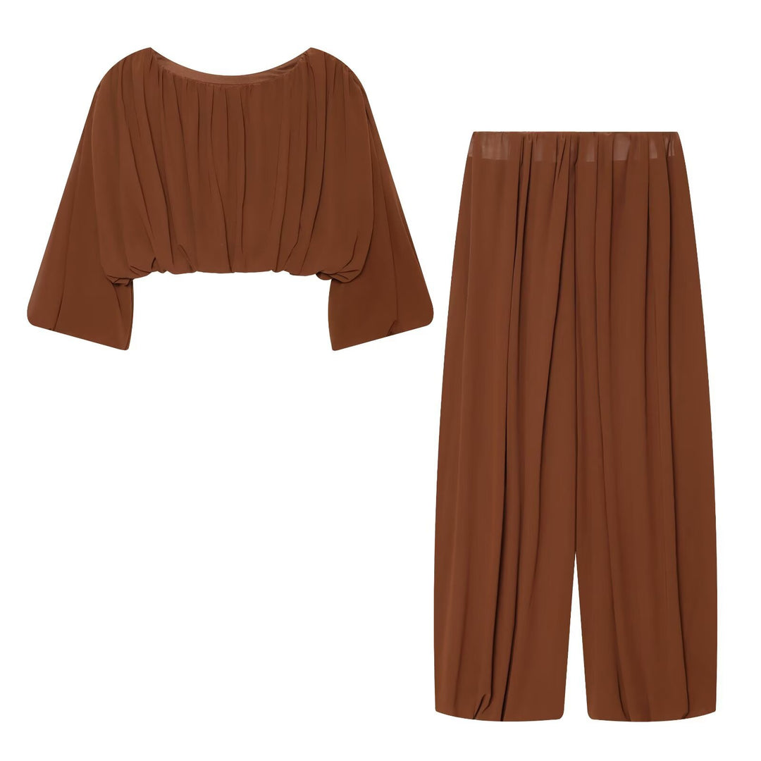 Women Airy Chiffon Short Blouse with Draping and Balloon Sleeves Mune Fashion