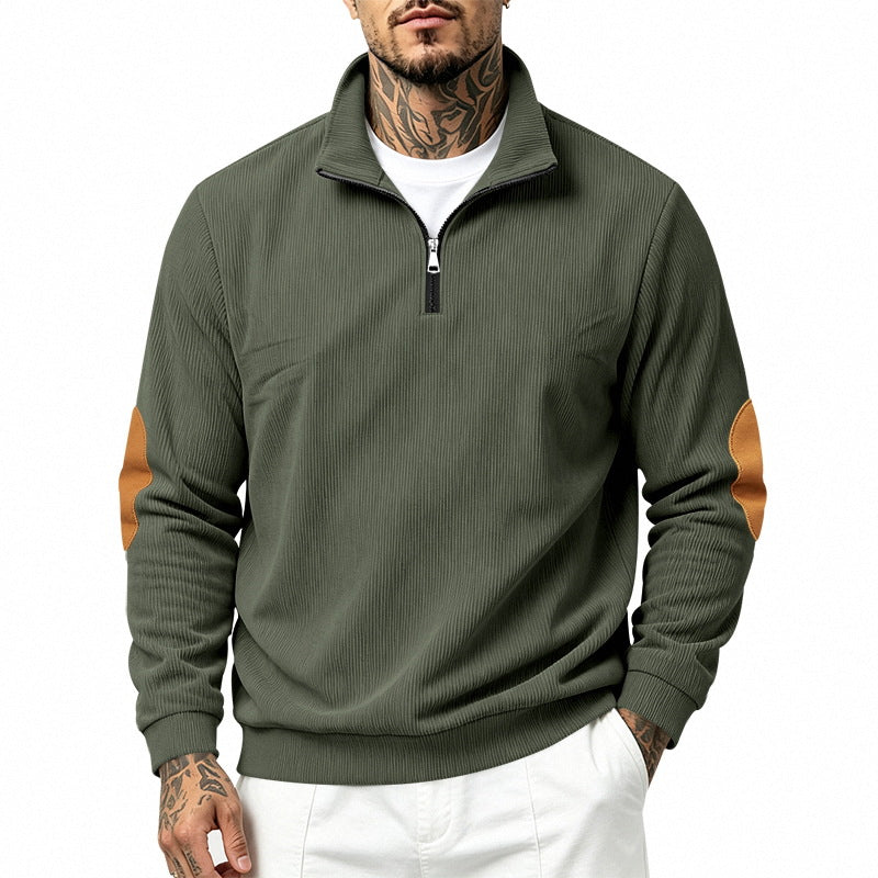 Men's half-zip sweatshirt with stand-up collar, fine waffle texture and leather-look elbow patches Mune Fashion