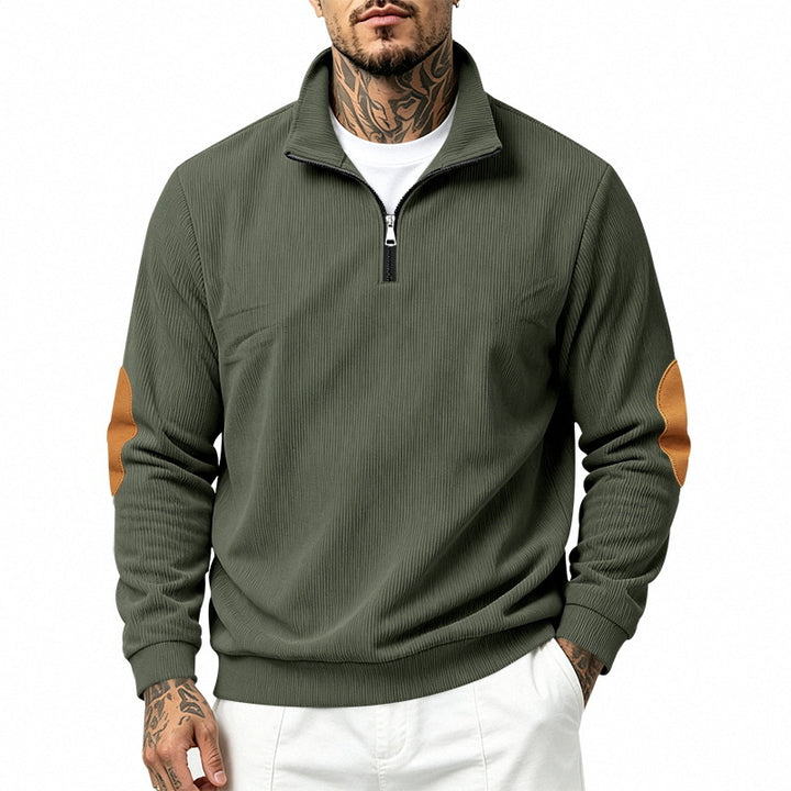 Men's half-zip sweatshirt with stand-up collar, fine waffle texture and leather-look elbow patches Mune Fashion