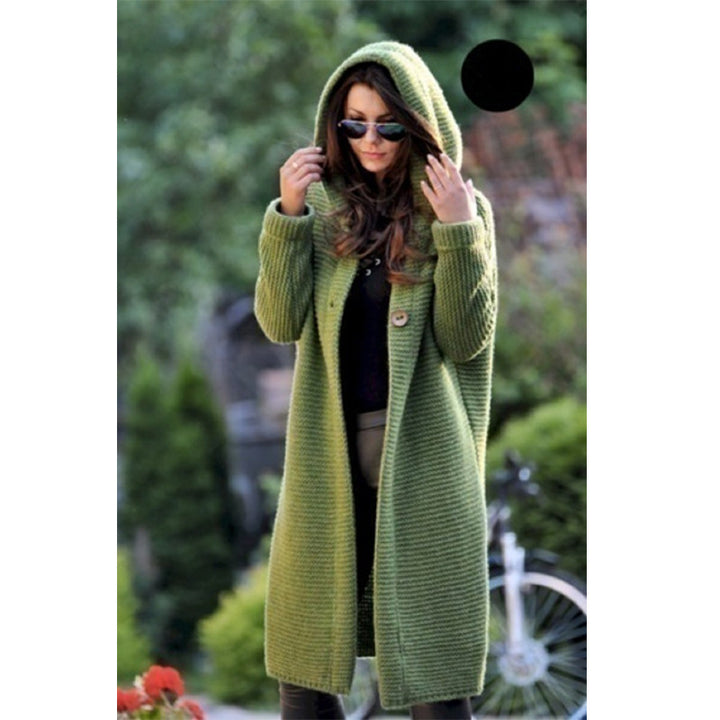 Women's Hooded Knit Coat with Oversized Cut and Button Placket Mune Fashion