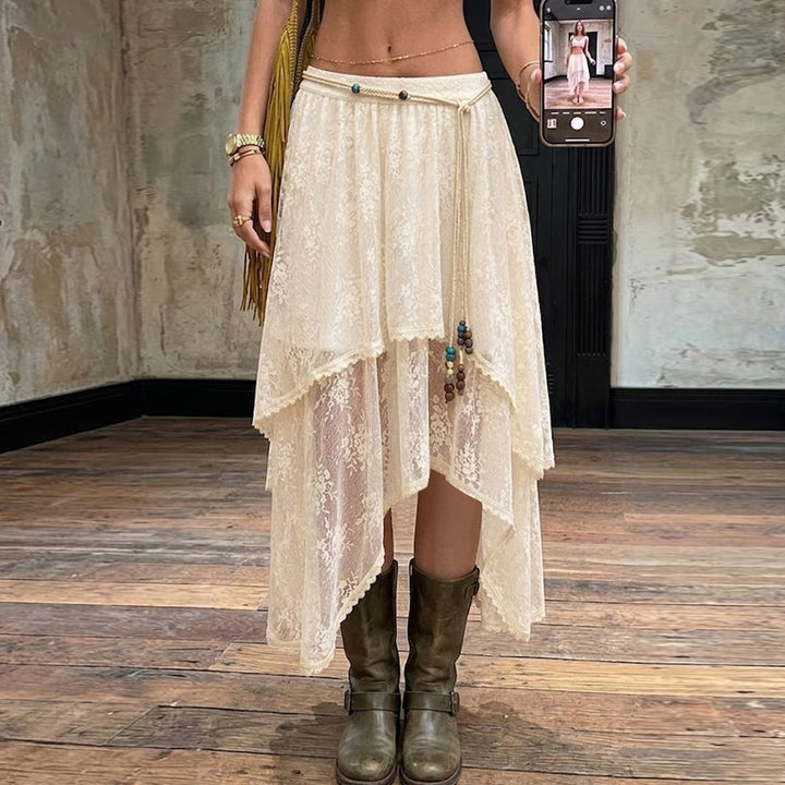 Women Multi-layered Lace Midi Skirt with Asymmetrical Hem and Elastic Waistband Mune Fashion