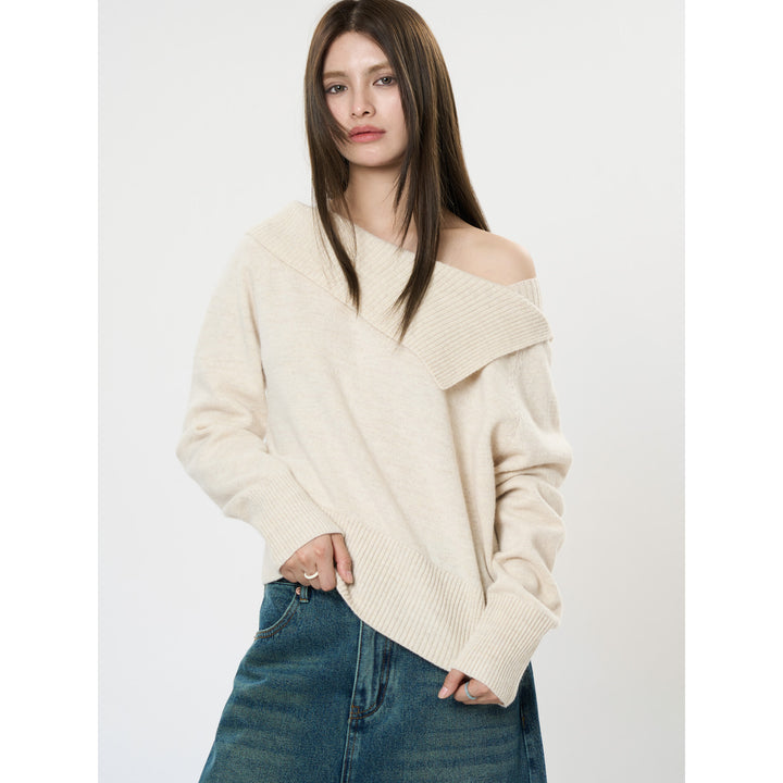 Women's Off-Shoulder Oversized Ribbed Knit Sweater with Folded Collar Mune Fashion