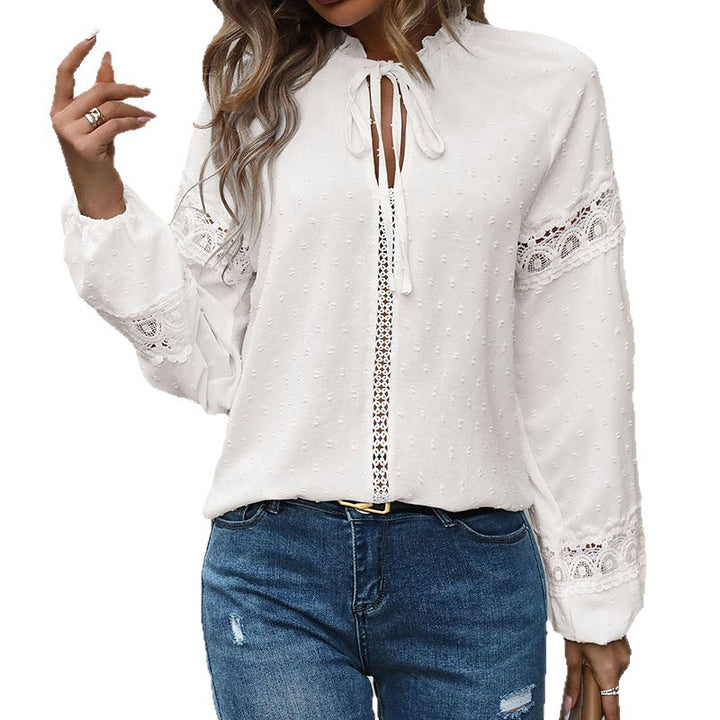 Ladies Playful Ruffled Blouse with Lace Accents Mune Fashion