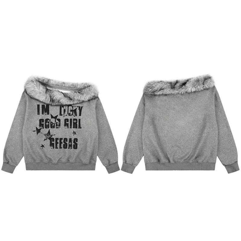 Women's Off-Shoulder Oversize Sweatshirt with cozy Faux-Fur Collar and distressed Star Print