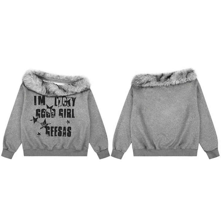 Women's Off-Shoulder Oversize Sweatshirt with cozy Faux-Fur Collar and distressed Star Print