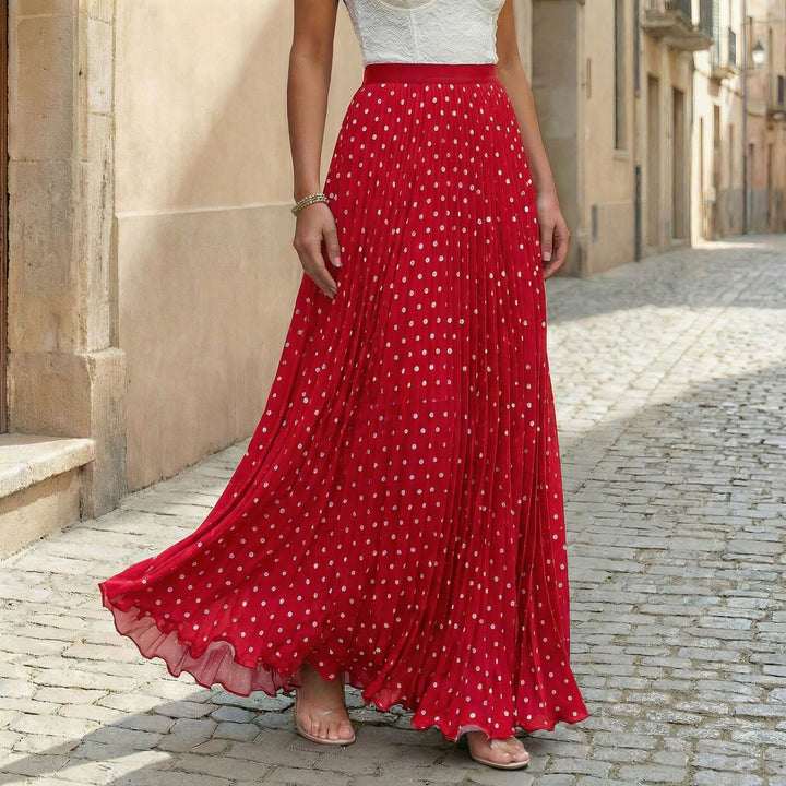 Women's pleated maxi skirt with polka dots, elastic waistband and voluminous drape Mune Fashion