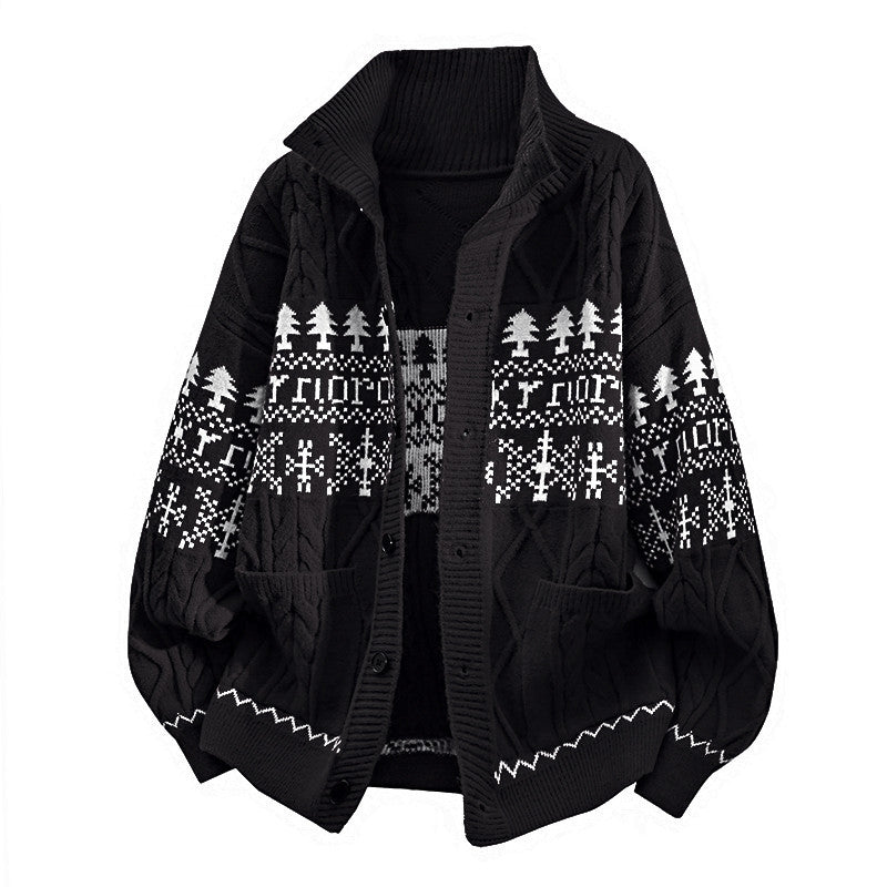 Women's knitted Norwegian cardigan with stand-up collar, cable pattern, and patch pockets Mune Fashion