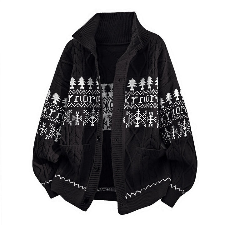 Women's knitted Norwegian cardigan with stand-up collar, cable pattern, and patch pockets Mune Fashion