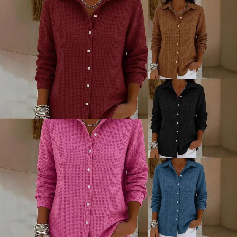 Women's Structured Shirt Blouse in Waffle Knit with Classic Collar and Continuous Button Placket Mune Fashion
