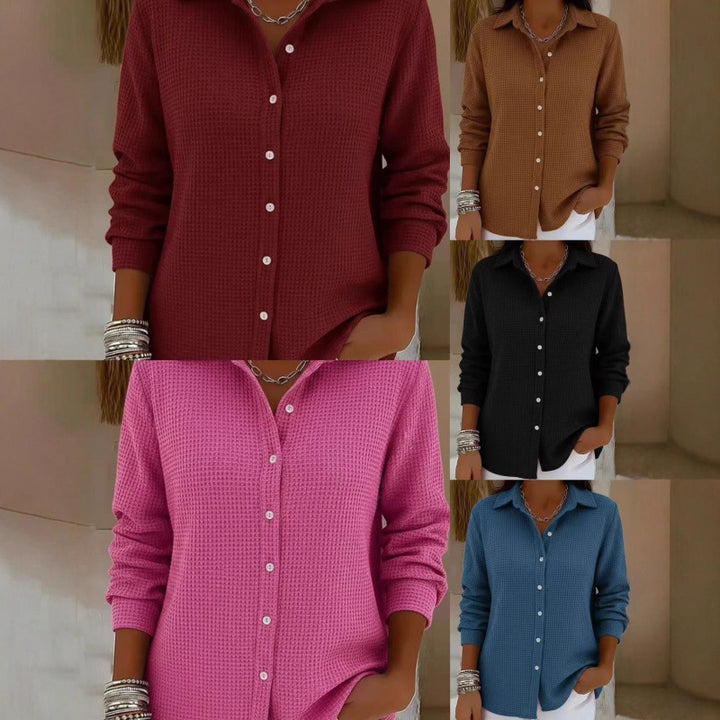 Women's Structured Shirt Blouse in Waffle Knit with Classic Collar and Continuous Button Placket Mune Fashion