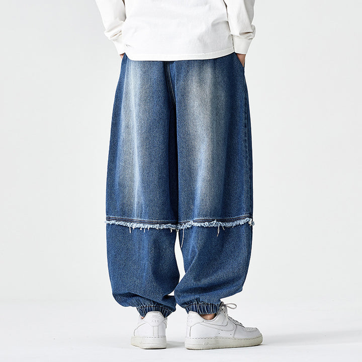 Men Wide-cut Baggy Denim Pants with Drawstring, Elastic Leg Openings and Fringed Detail Mune Fashion