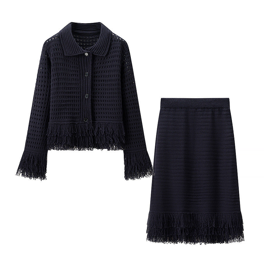 Women's Tailored Cardigan with Fringe Trim and Shirt Collar Mune Fashion