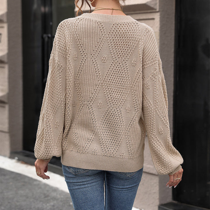 Women's Structured Openwork Knit Sweater with Diamond Pattern and Balloon Sleeves Mune Fashion