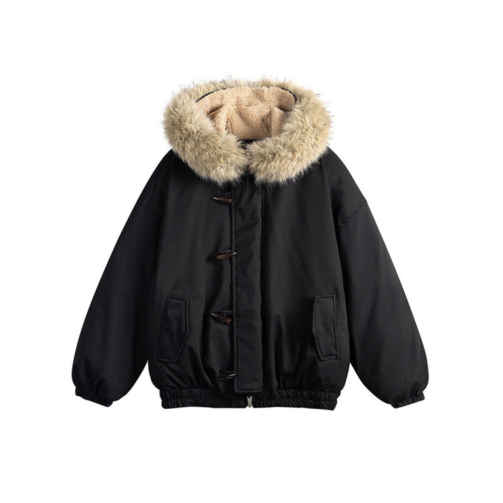 Unisex Padded Hooded Jacket in Boxy Cut with Teddy Lining, Faux Fur Collar and Toggle Closures Mune Fashion