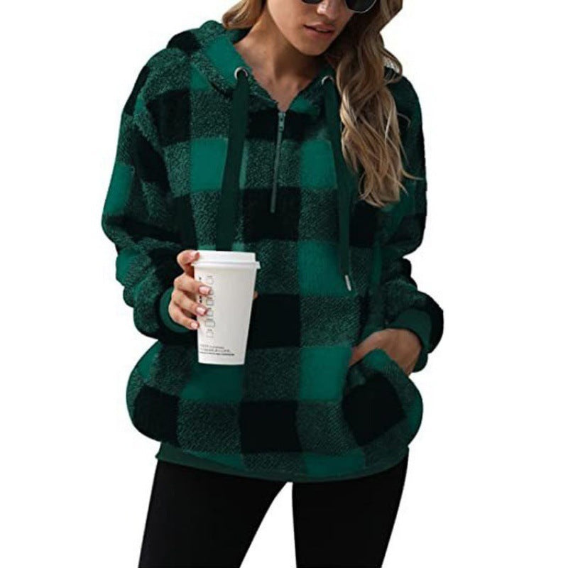 Women's Oversized Sherpa Hoodie in Check Pattern with Half Zipper and Kangaroo Pocket Mune Fashion