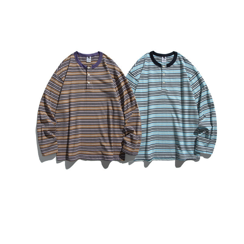 Unisex Striped Long Sleeve Henley Shirt in Oversized Relaxed Fit Mune Fashion