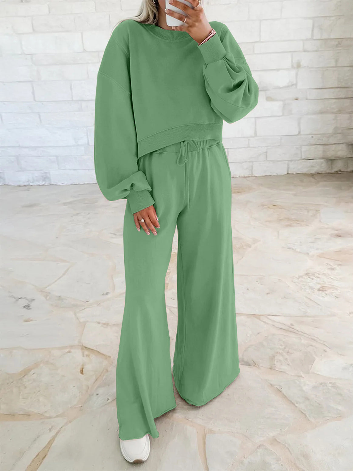 Women's Short Sweater and Palazzo Pants Lounge Set with Balloon Sleeves Mune Fashion