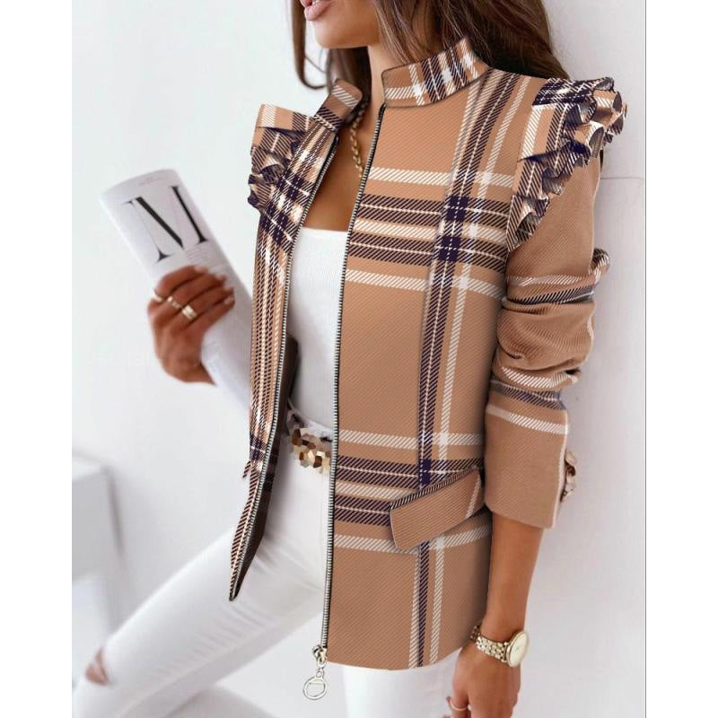 Women's leopard print statement jacket with ruffle shoulder and zipper Mune Fashion
