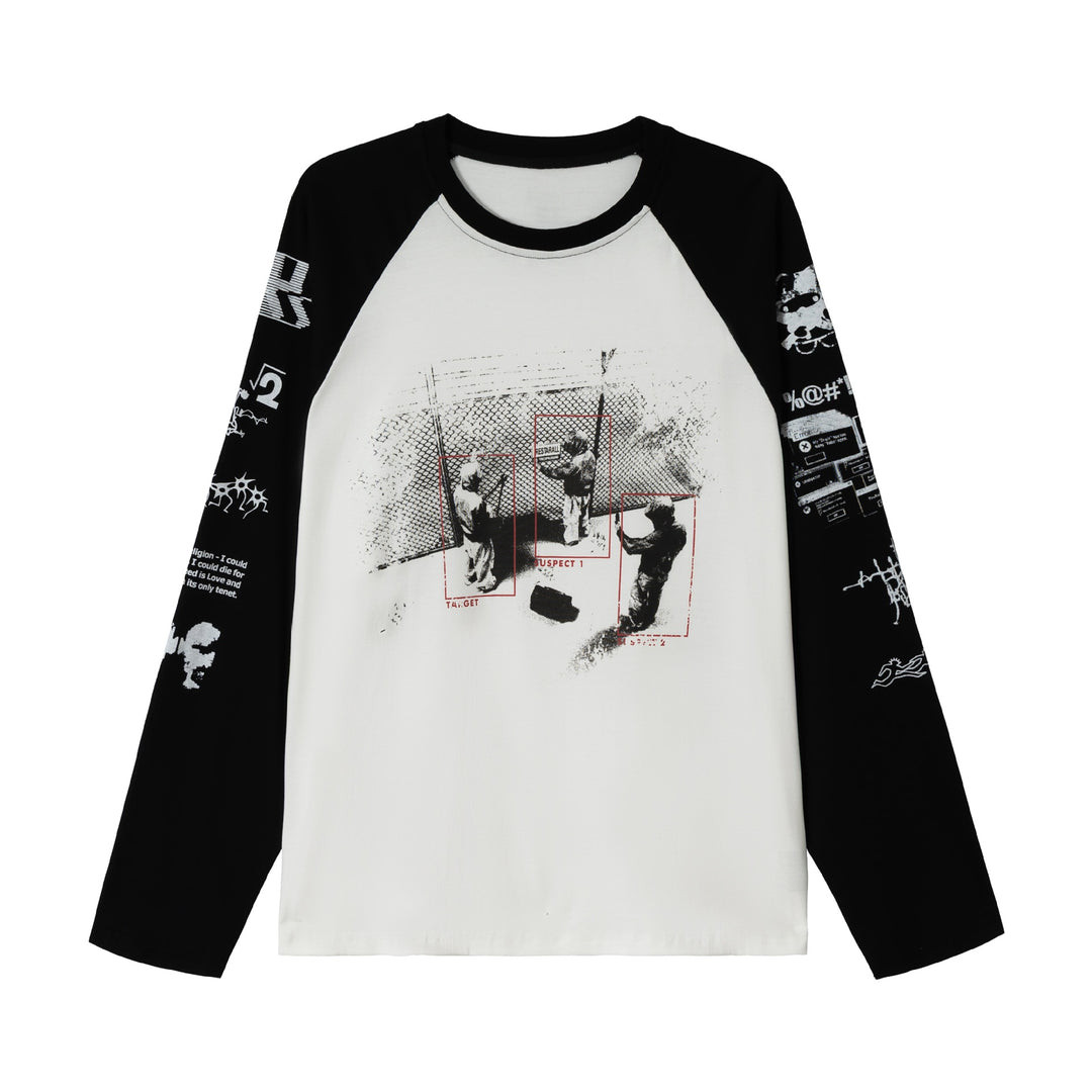 Unisex Long Sleeve Raglan Shirt with Graphic Print and Contrasting Crew Neck Mune Fashion