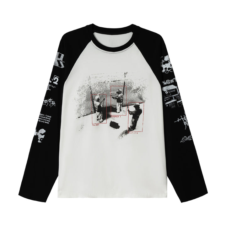 Unisex Long Sleeve Raglan Shirt with Graphic Print and Contrasting Crew Neck Mune Fashion