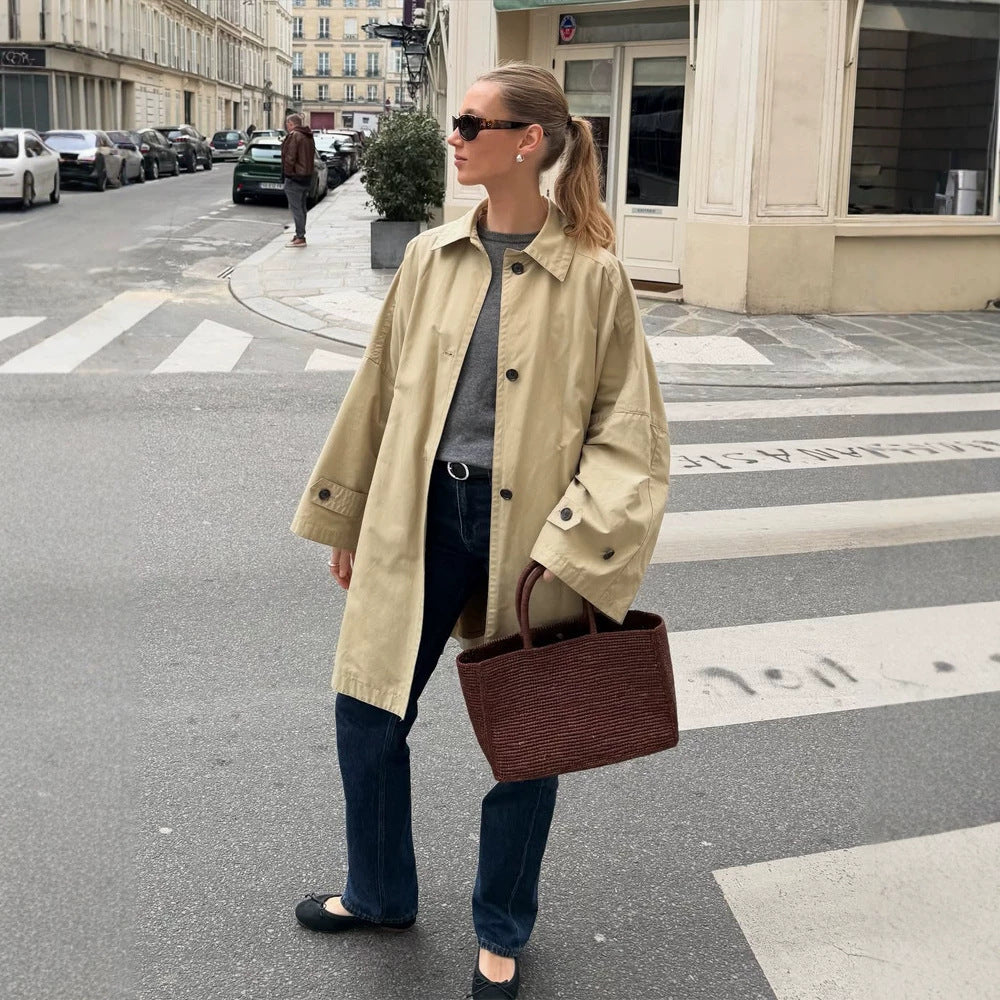 Women's Oversize Cotton Blend Trench Coat with Mid-Length, Straight Cut Mune Fashion