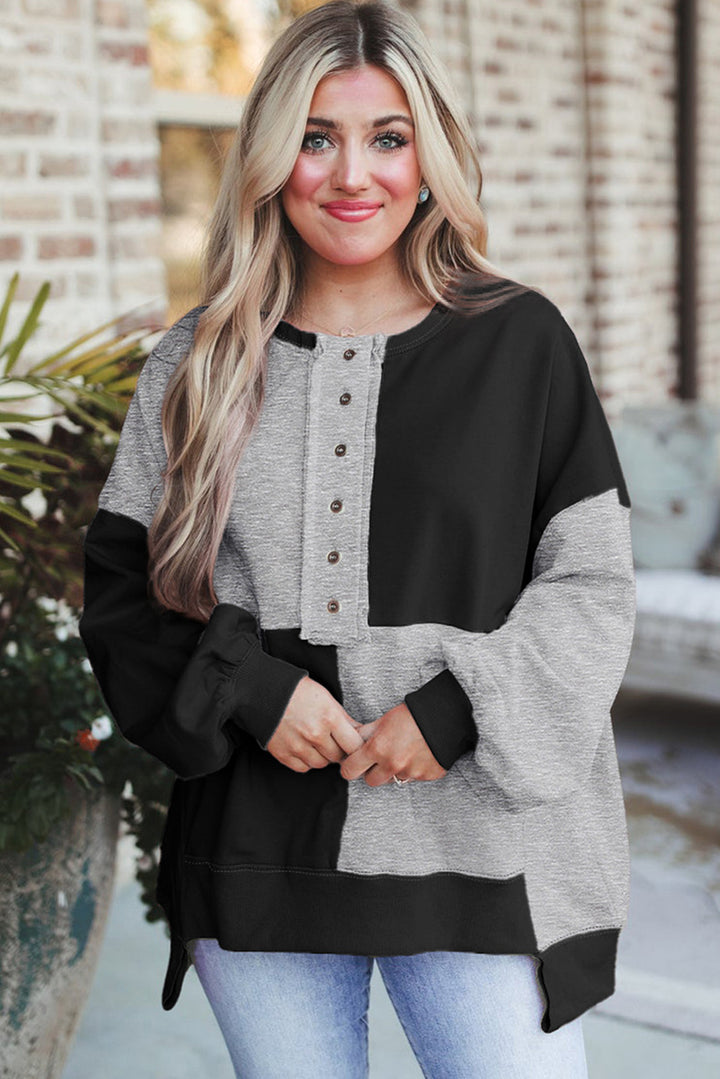 Women's Oversized Long Sleeve Sweatshirt in Colorblock with Henley Button Placket and Balloon Sleeves Mune Fashion