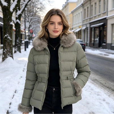 Women's short tailored winter quilted jacket with removable faux fur collar, tonal waist straps and concealed two-way zipper Mune Fashion