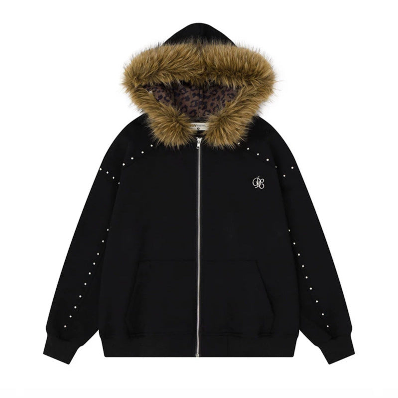 Women's hooded sweat jacket with faux fur trim, leopard lining and decorative studs Mune Fashion