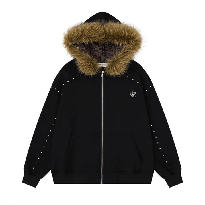 Women's hooded sweat jacket with faux fur trim, leopard lining and decorative studs Mune Fashion