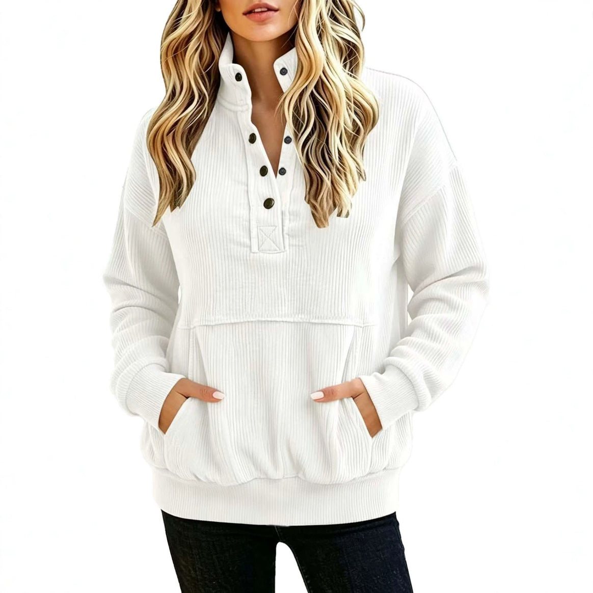 Women's ribbed Henley pullover with stand collar and kangaroo pocket Mune Fashion