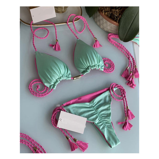 Ladies' triangle bikini with trendy leopard pattern and decorative tassels Mune Fashion