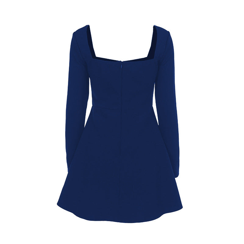 Damen tailliertes Skater-Minikleid mit quadratischem Ausschnitt und langen Ärmeln Mune Fashion