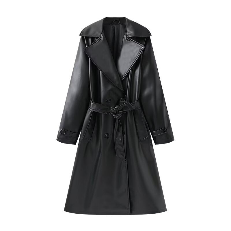 Women's Long Shiny Trench Coat Transition Jacket in Leather Look with Waist Belt Mune Fashion