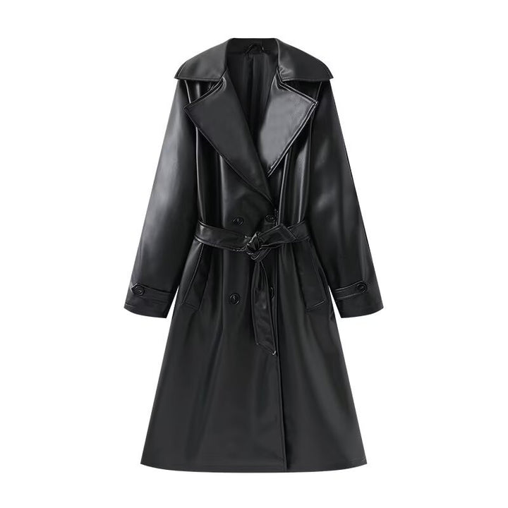 Women's Long Shiny Trench Coat Transition Jacket in Leather Look with Waist Belt Mune Fashion