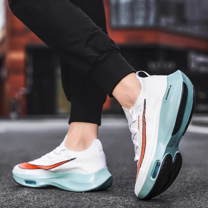 Unisex responsive plateau cushioning running shoes with knitted sock entry and visible air chamber Mune Fashion