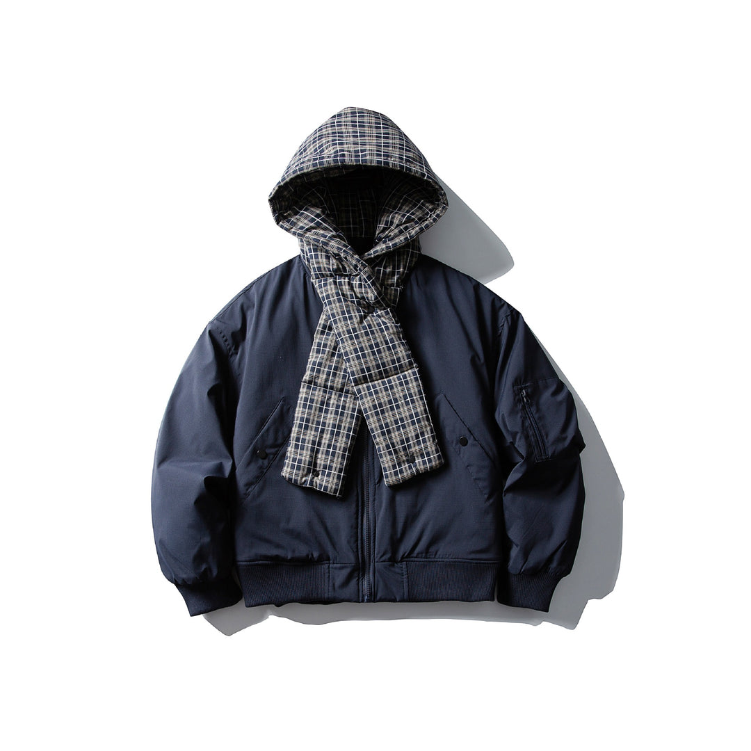 Men's Windproof Bomber Jacket with Quilted Checkered Hood and Integrated Scarf Mune Fashion
