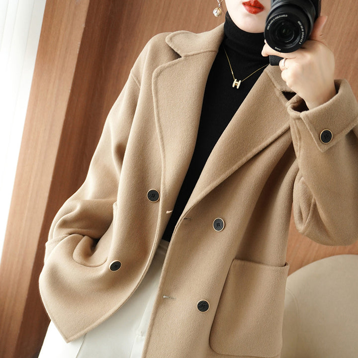 Women's Short Double-Breasted Wool Blend Coat with Notched Collar and Boxy Oversized Silhouette Mune Fashion