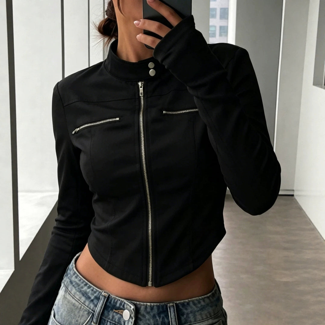Women's Tailored Bonded Canvas Biker Jacket with Stand-Up Collar and Chest Zippers Mune Fashion